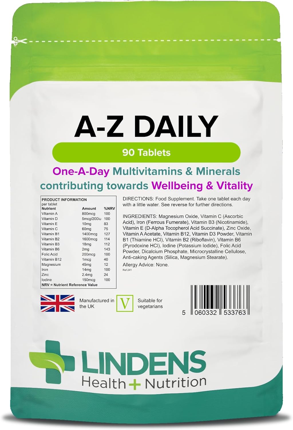 Multivitamínico A-Z Comprimidos diarios 90 Comprimidos de Lindens