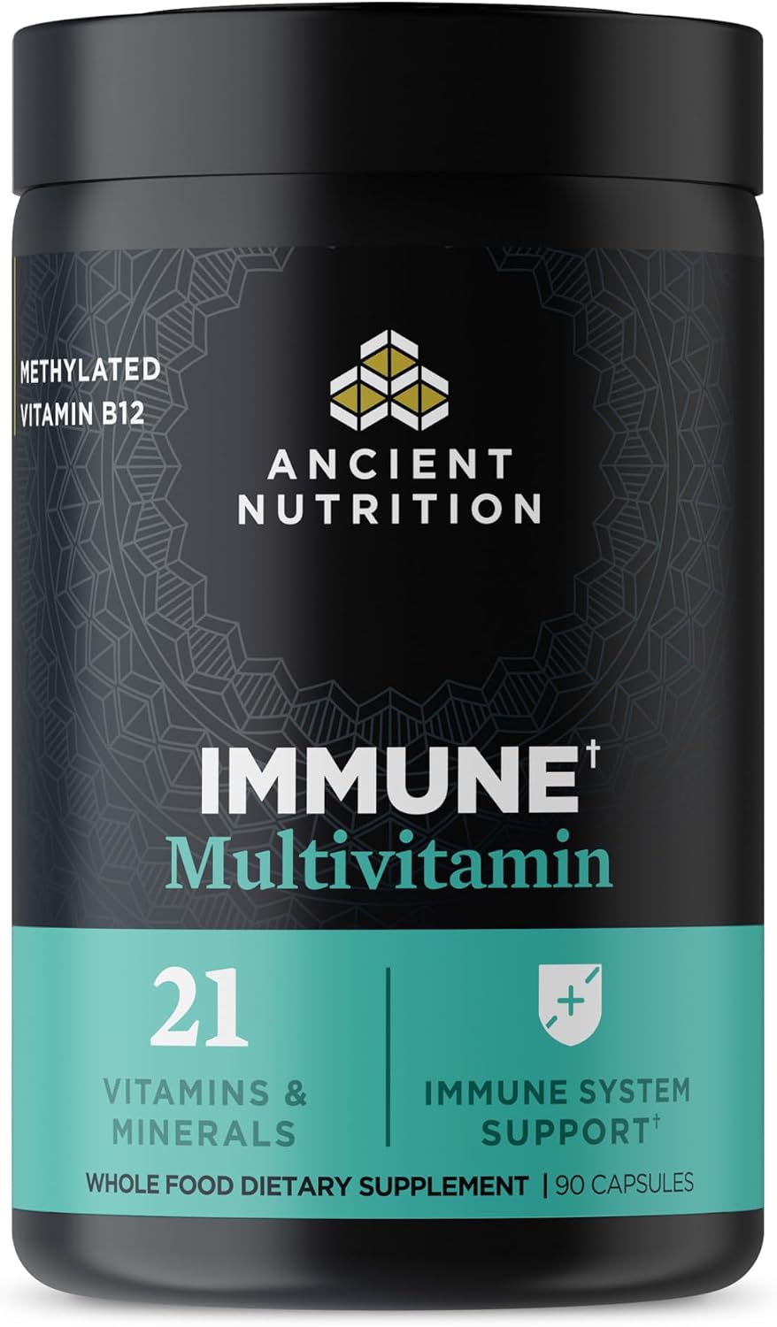 Ancient Nutrition Multivitamínico para Apoyo Inmunitario, 21 Vitaminas y Minerales con Vitamina D y C, Cúrcuma, 90 Cápsulas