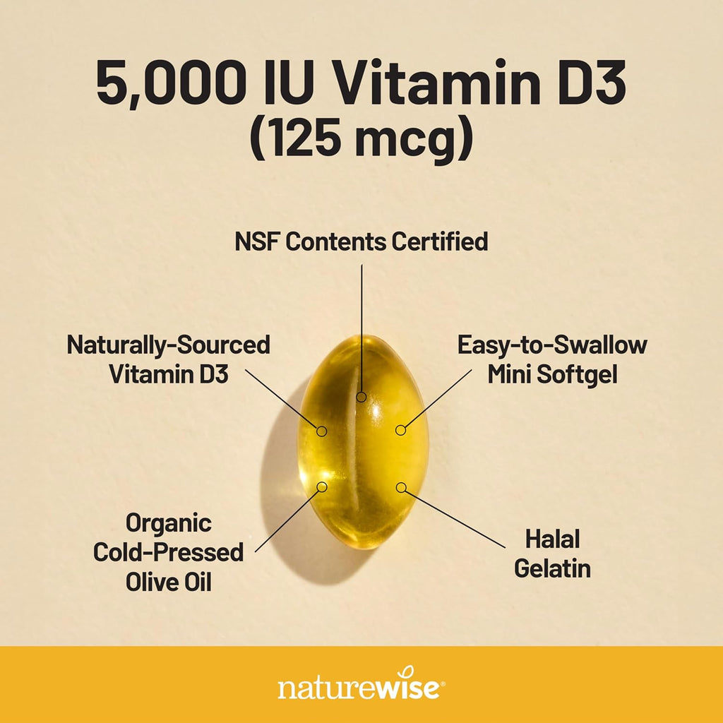 NatureWise Vitamina D3 5000 UI (125 mcg) con Aceite de Oliva Virgen Extra Orgánico - 360 Cápsulas Blandas