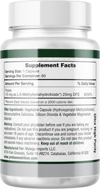 Probase Nutrition Professional Strength L-Methyl Folate 15mg - Active 5-MTHF Form - Supports Mood, Methylation, Cognition - Bioavailable Vitamin B9 (60 Capsules) - Vegan, Non-GMO, Gluten-Free