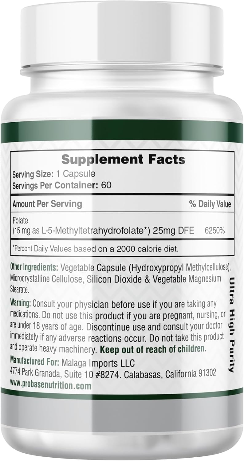 Probase Nutrition Professional Strength L-Methyl Folate 15mg - Active 5-MTHF Form - Supports Mood, Methylation, Cognition - Bioavailable Vitamin B9 (60 Capsules) - Vegan, Non-GMO, Gluten-Free