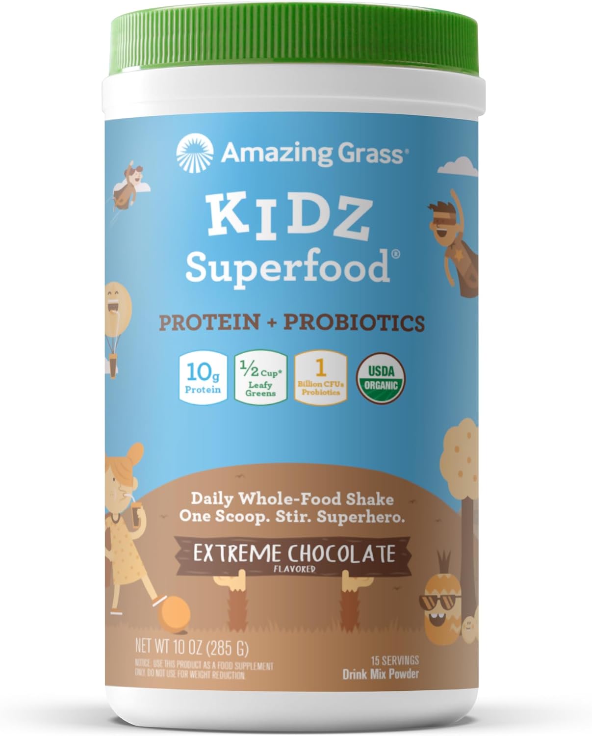Amazing Grass Kidz Superfood: Proteína Vegetal y Probióticos para Niños, Sabor Chocolate Extremo, 15 porciones