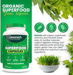 Greens+ Cápsulas de Superalimentos Orgánicos - Espirulina y Clorela Orgánicas con Alfalfa y Pasto de Trigo - 240 Cápsulas