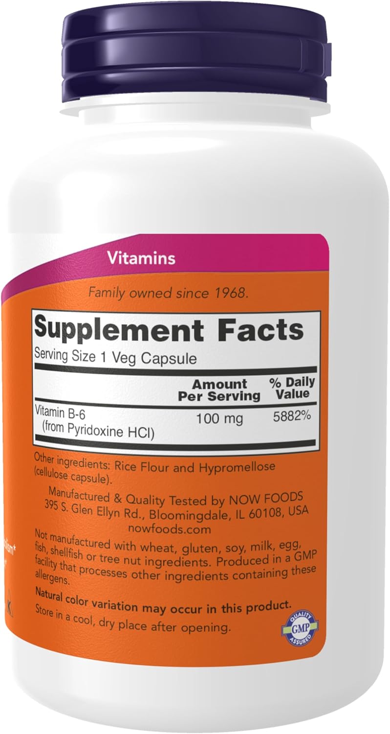 NOW Foods, Vitamina B-6 (Piridoxina HCl) 100 mg, 250 Cápsulas