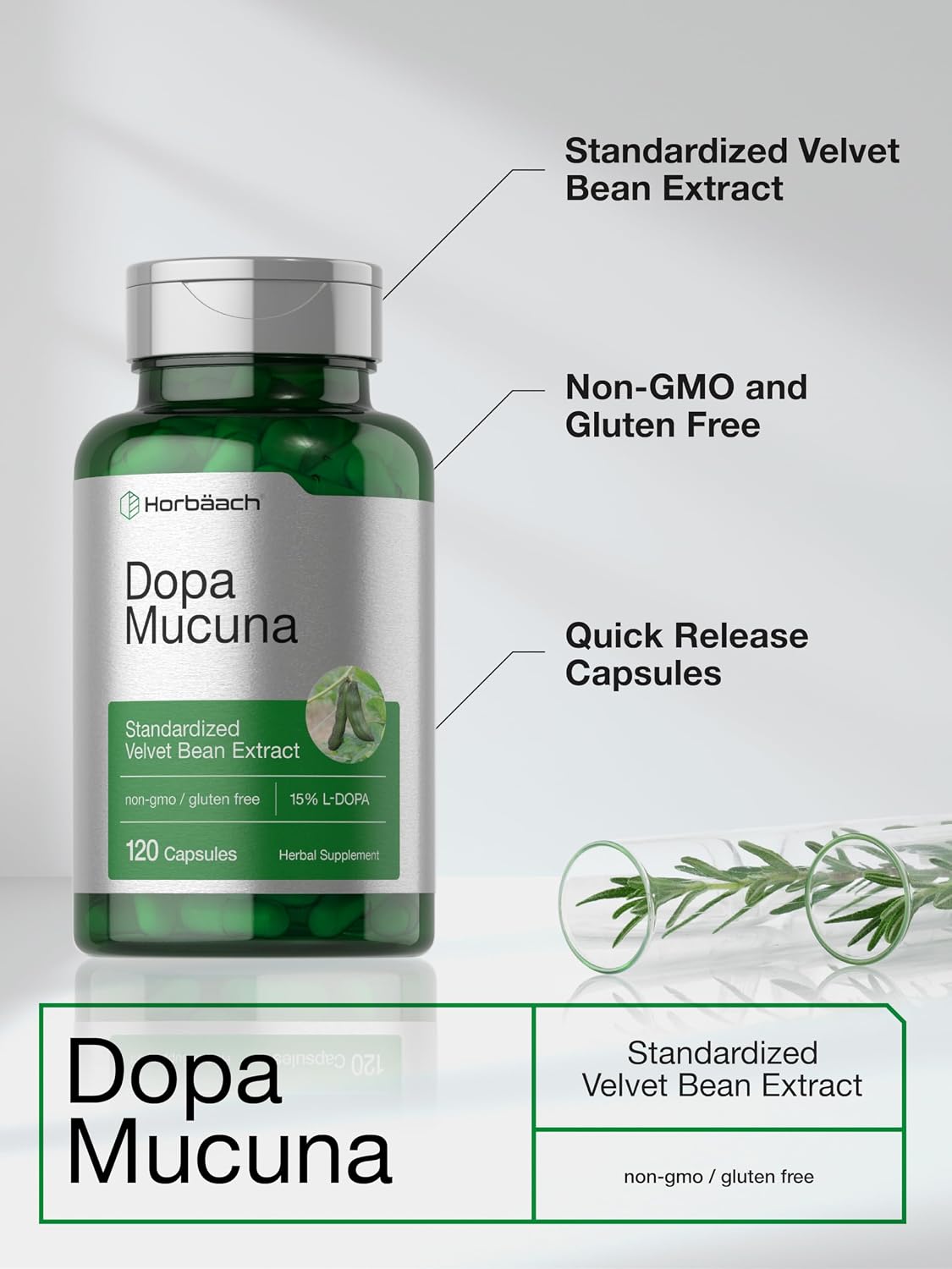 Horbäach Dopa Mucuna - 120 Cápsulas - Extracto Estandarizado 15% L-Dopa