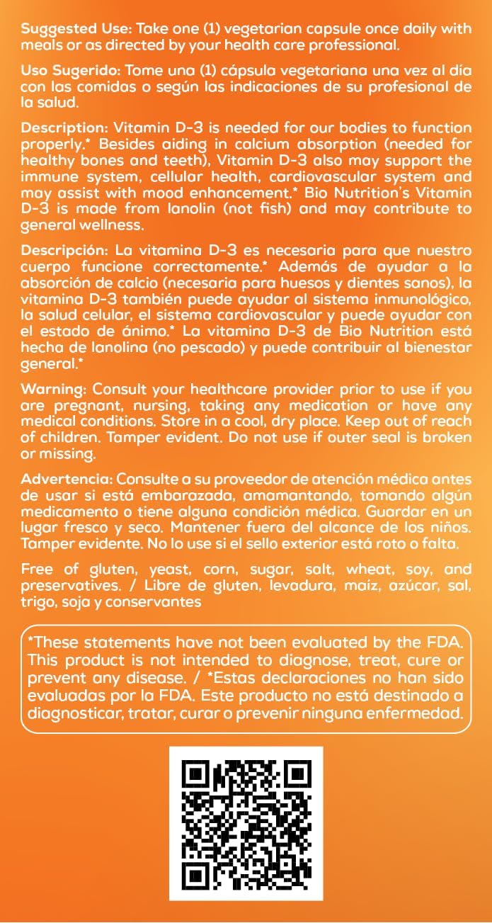 Bio Nutrition Vitamina D3 12,000 UI Cápsulas Vegetales, 50 Unidades