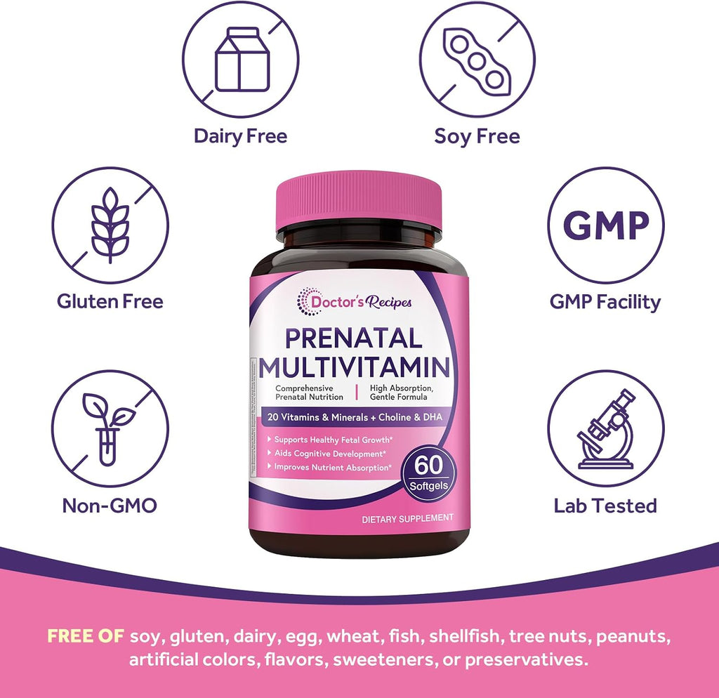 Doctor's Recipes Prenatal Multivitamin with DHA & Folate (L-5-MTHF) for Expecting & Planning Moms, Gentle Comprehensive Nutrient Support, 60 Softgels