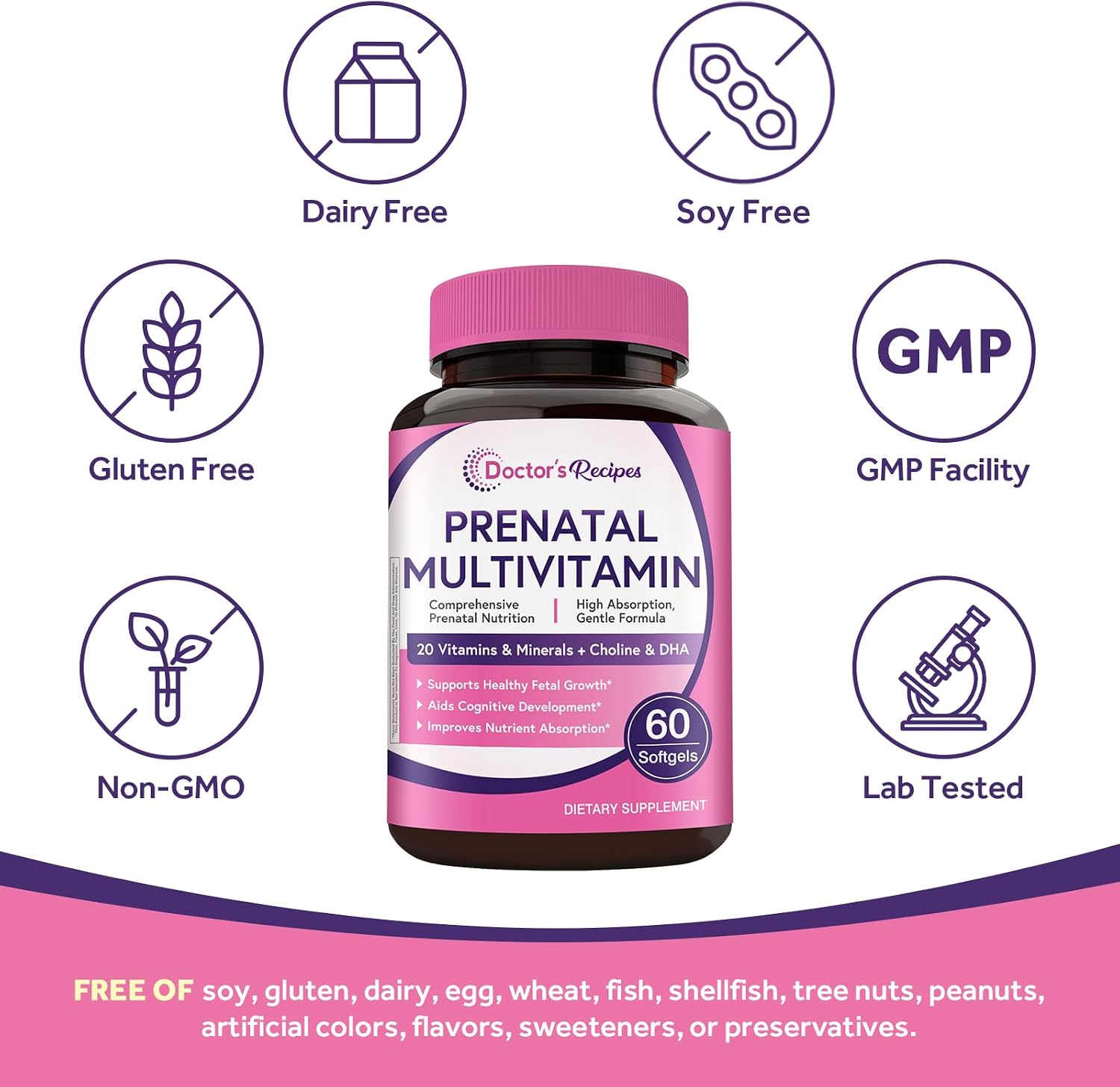 Doctor's Recipes Prenatal Multivitamin with DHA & Folate (L-5-MTHF) for Expecting & Planning Moms, Gentle Comprehensive Nutrient Support, 60 Softgels