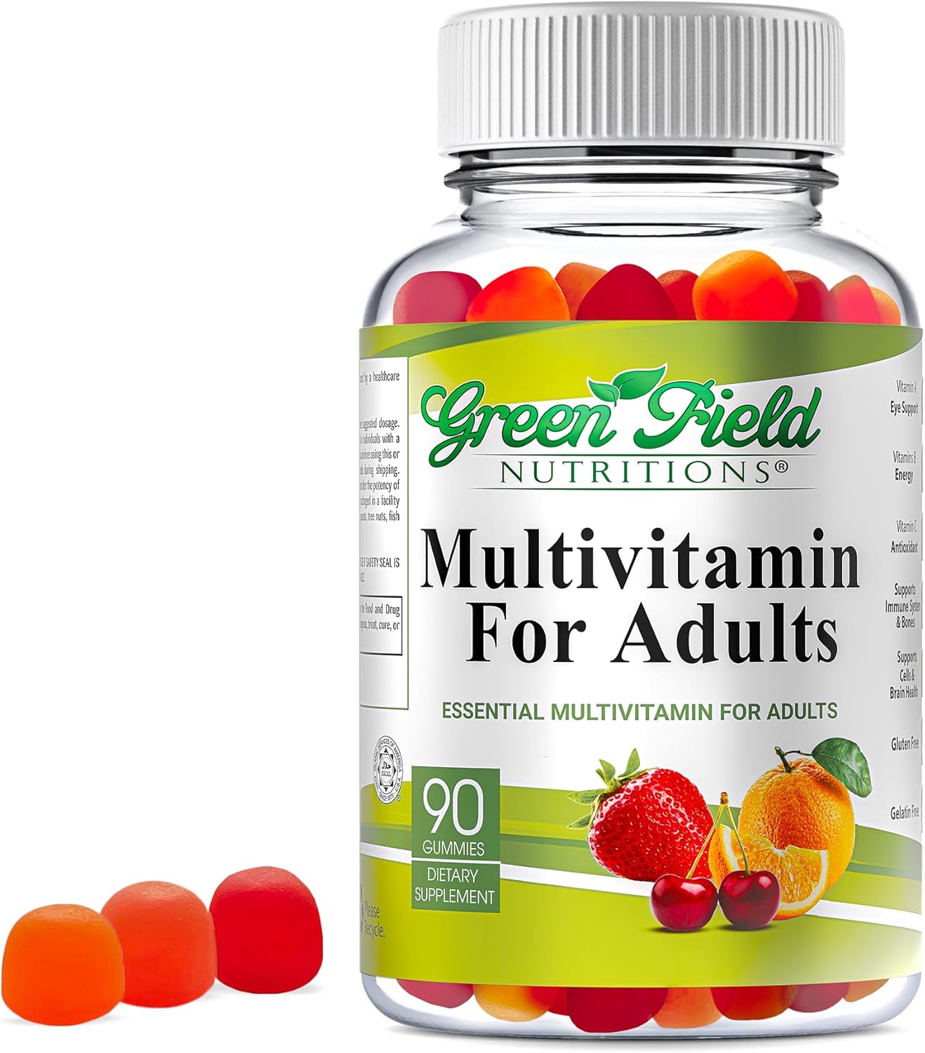 Greenfield Nutritions Gominolas Multivitamínicas Halal para Adultos - Sin Gelatina con Vitamina D3, B6, B12, Zinc y C - 90 Gominolas