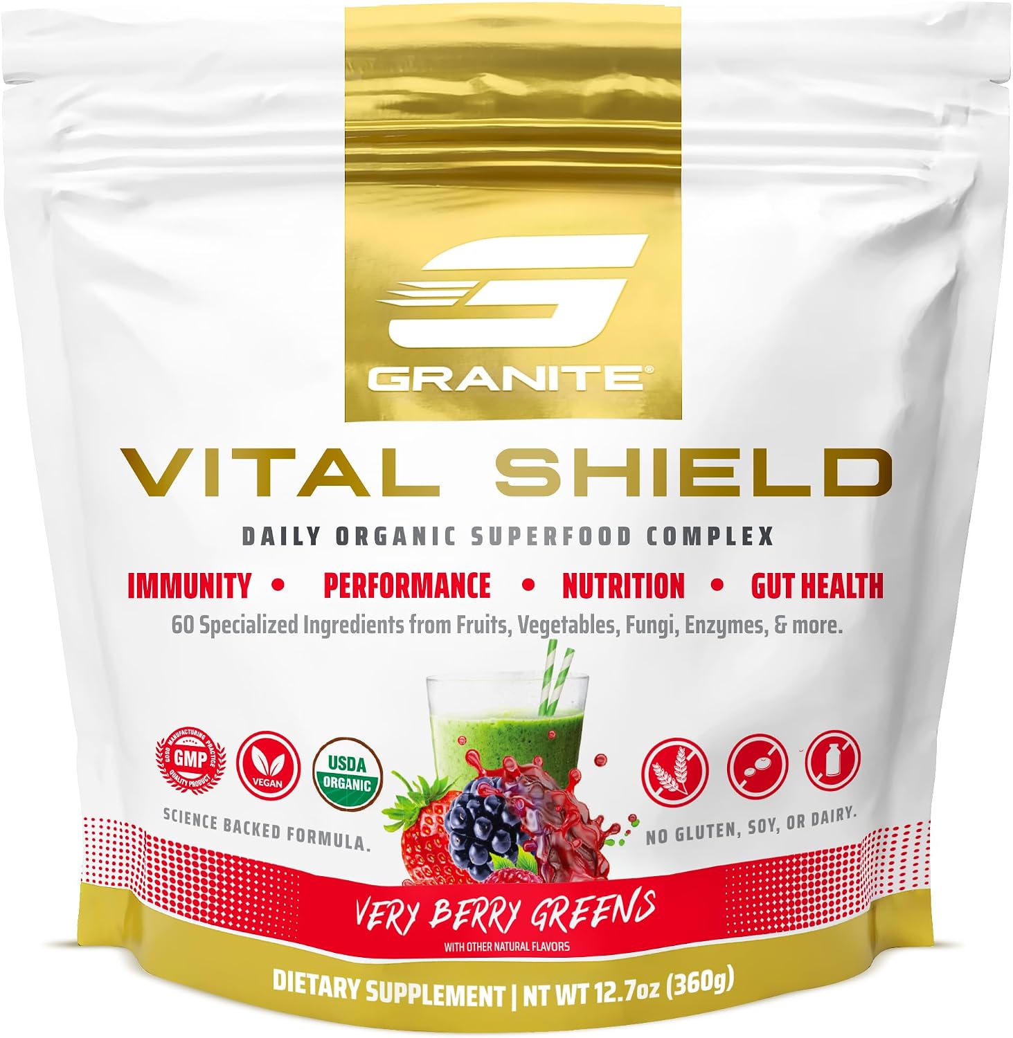 Vital Shield Superfood Greens - Mezcla Orgánica con Champiñones y Cereza Ácida - Muy Berry (30 porciones)