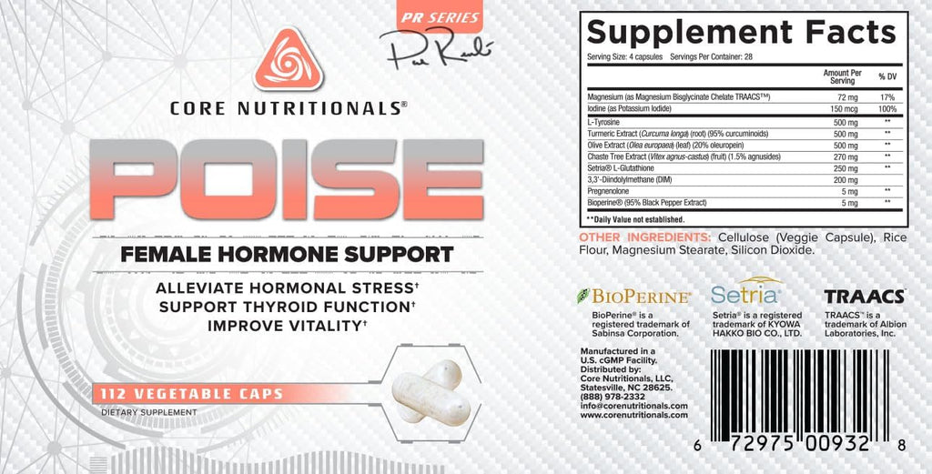 Core Nutritionals Poise Female Hormone Support – Equilibrio Hormonal y Tiroides | 112 Cápsulas Vegetales