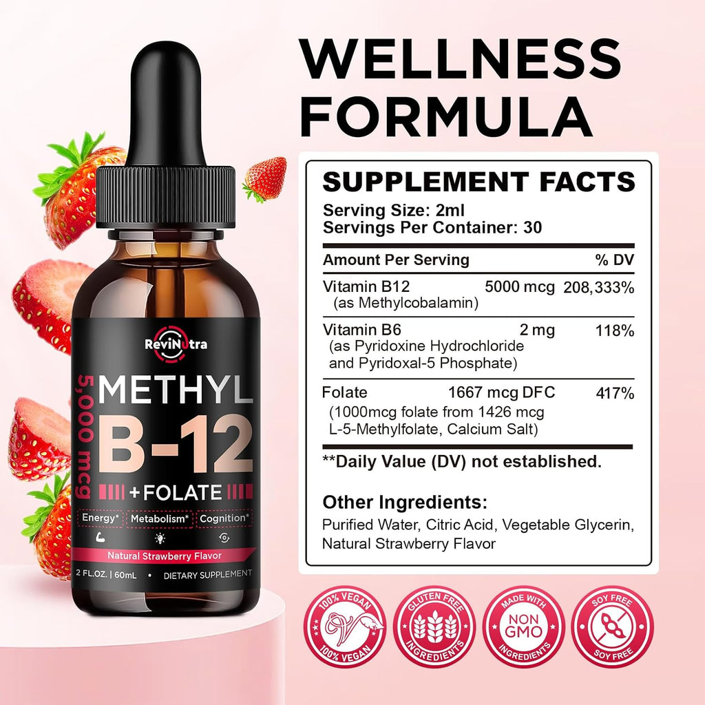 ReviNutra Vitamina B12 Líquida 5000 mcg con Complejo B - Metilcobalamina, B6 y Folato - Sabor Fresa Natural - 60 ml