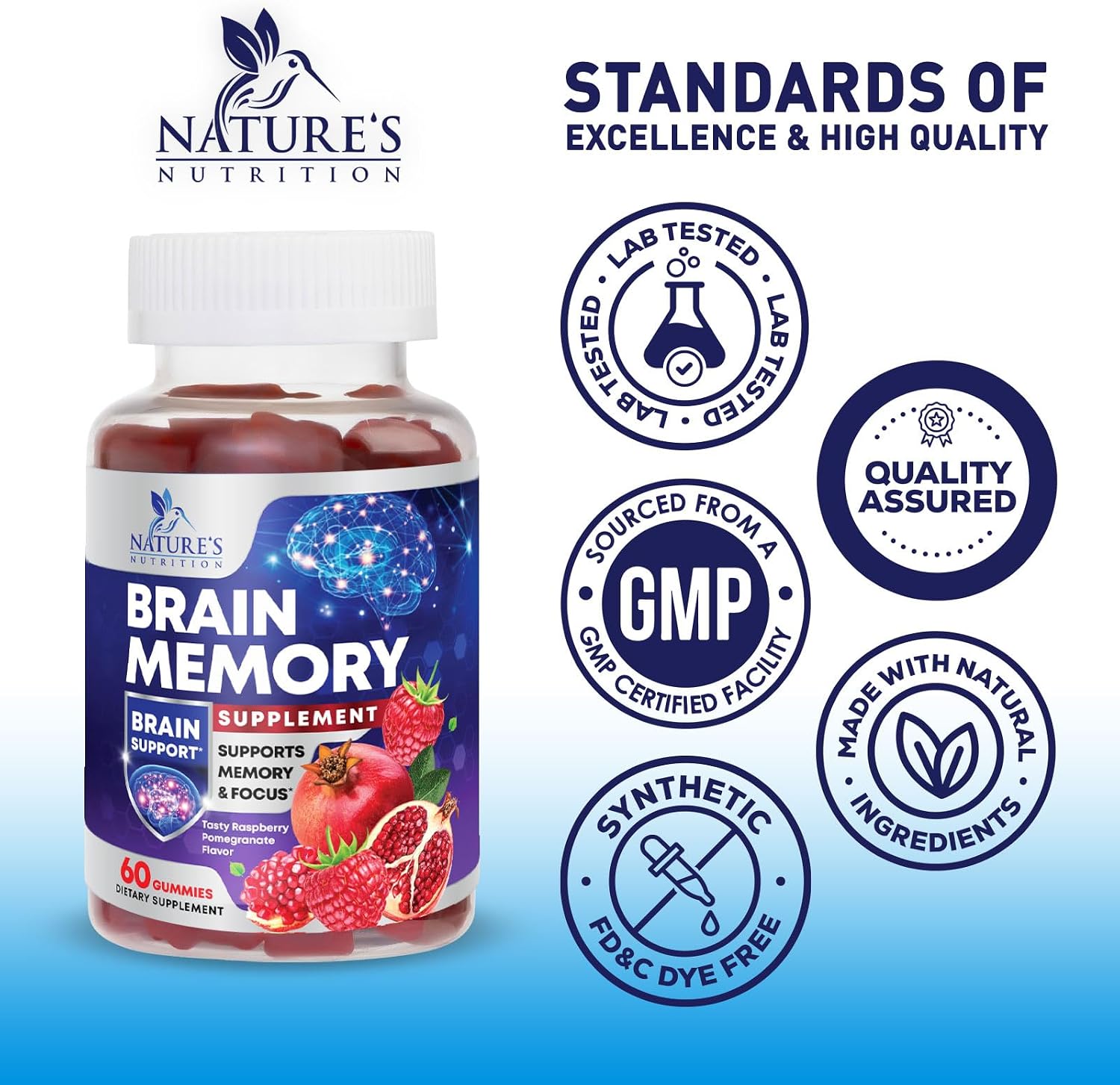 Nature's Nutrition Gominolas para Memoria y Concentración - Suplemento Cerebral 3X con Vitamina B6, B12 y Fosfatidilserina - 60 Gominolas