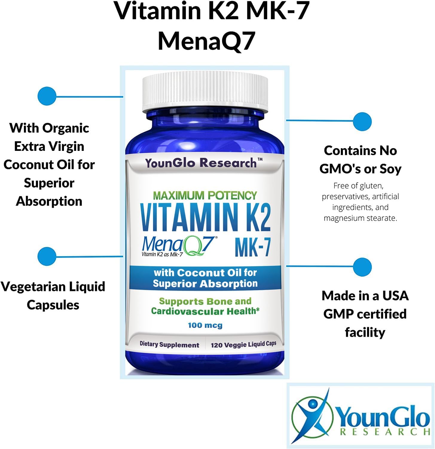 Vitamina K2 MK7 (MenaQ7) 100 mcg con Aceite de Coco - 120 Cápsulas Veganas
