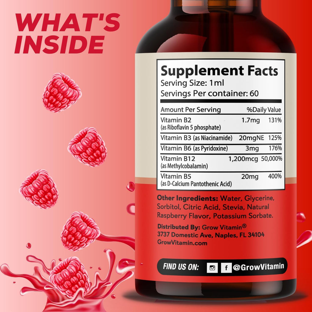 Grow Vitamin Complejo B12 Líquido Sublingual - Metilcobalamina Premium con Vitaminas B2, B3, B6 y B12 para Energía y Sistema Inmunitario
