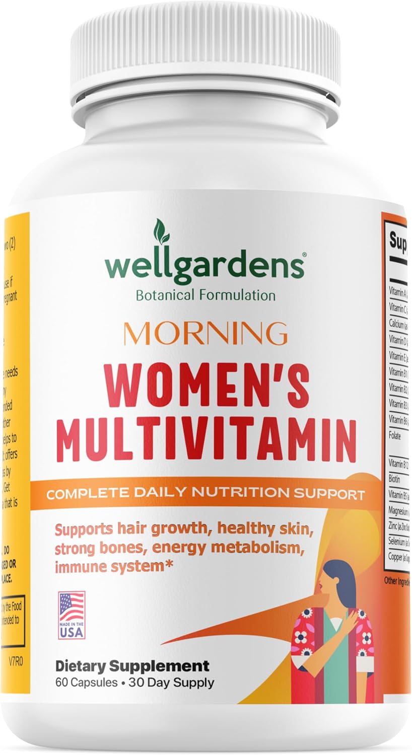 Wellgardens Multivitamínico Diario para Mujeres con Biotina, Arándano Rojo y Trébol Rojo - Apoyo para Cabello, Piel, Energía e Inmunidad - Vitaminas A, C, D, E, B12, Zinc - Sin Hierro, No Transgénico, 60 Cápsulas