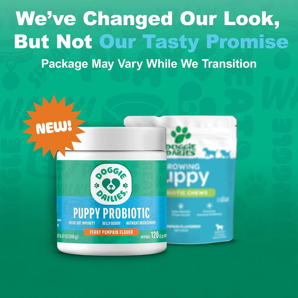 Doggie Dailies Probiótico para Cachorros, Probióticos con Enzimas Digestivas, Apoya la Salud Digestiva e Inmunológica, Sabor Calabaza, 120 Masticables Blandos