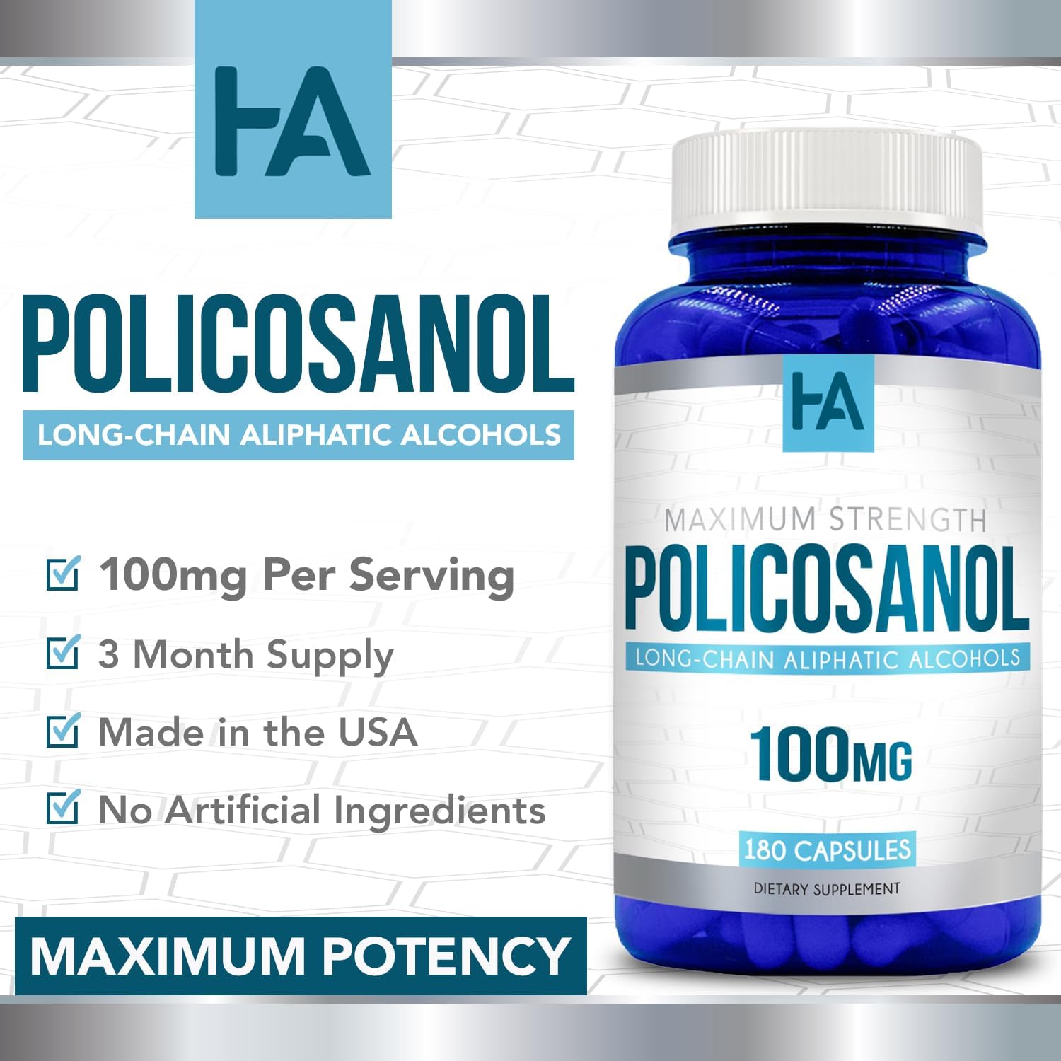 Policosanol 100mg - Suplemento de Alta Potencia con Alcoholes Grasos de Cera Vegetal | Vegano y Sin Gluten | 90 Cápsulas