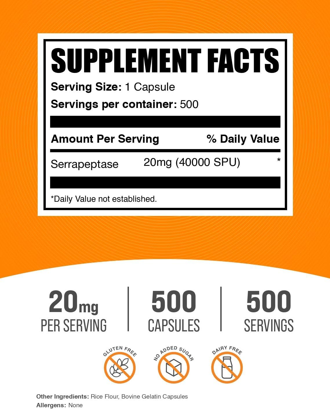 BulkSupplements Serrapeptasa 40000 SPU Cápsulas (500 Unidades)