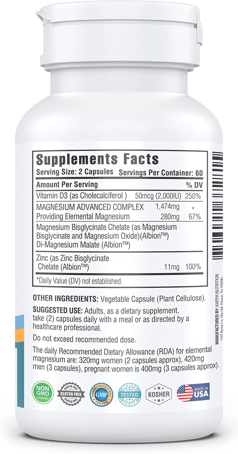 Kappa Nutrition Magnesio 4-en-1, 280mg Magnesio Elemental (Bisglicinato, Malato) + Zinc y Vitamina D3, 120 Cápsulas Veganas