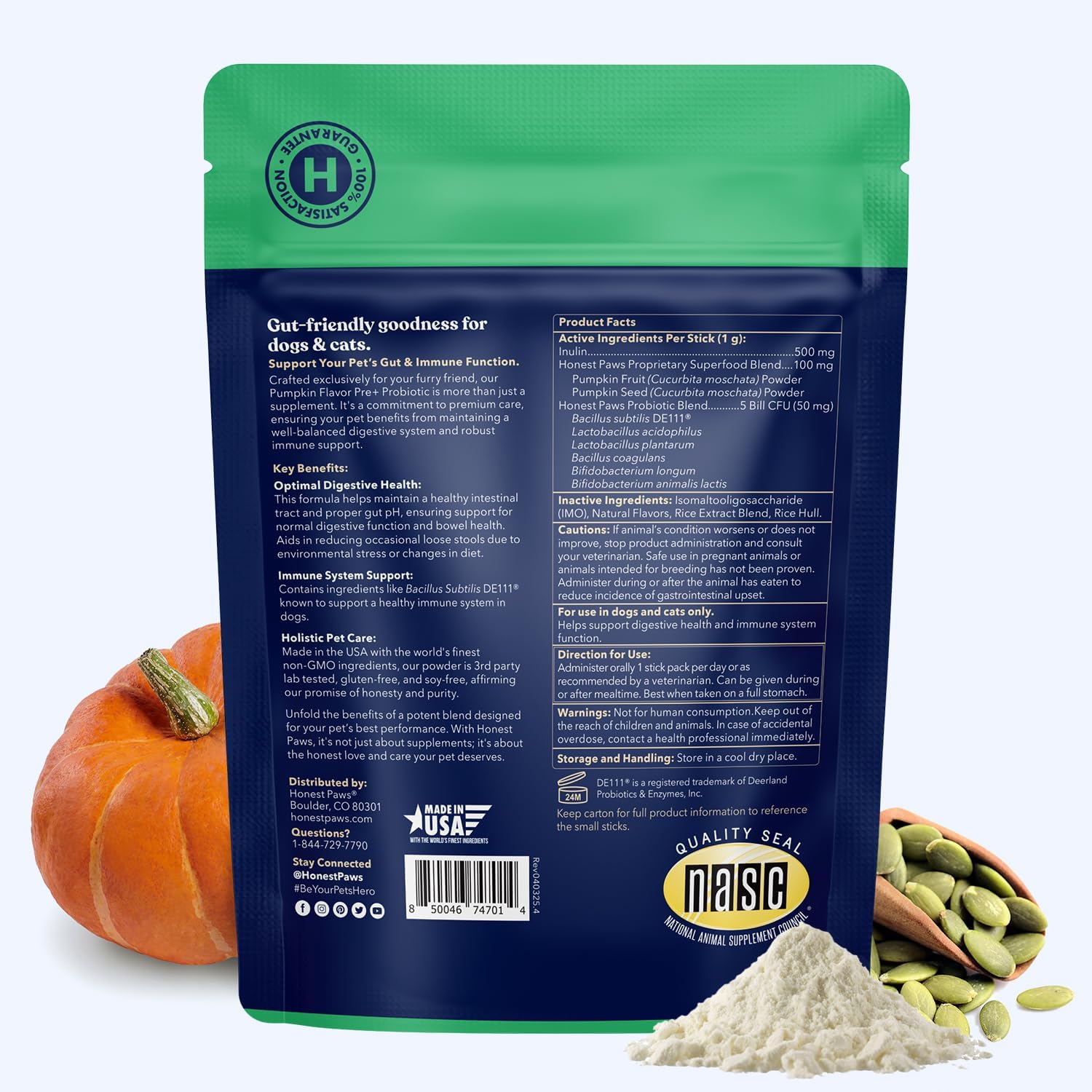 Honest Paws Probióticos para Perros - Polvo Digestivo con Prebióticos y Sabor a Calabaza (30 sticks)