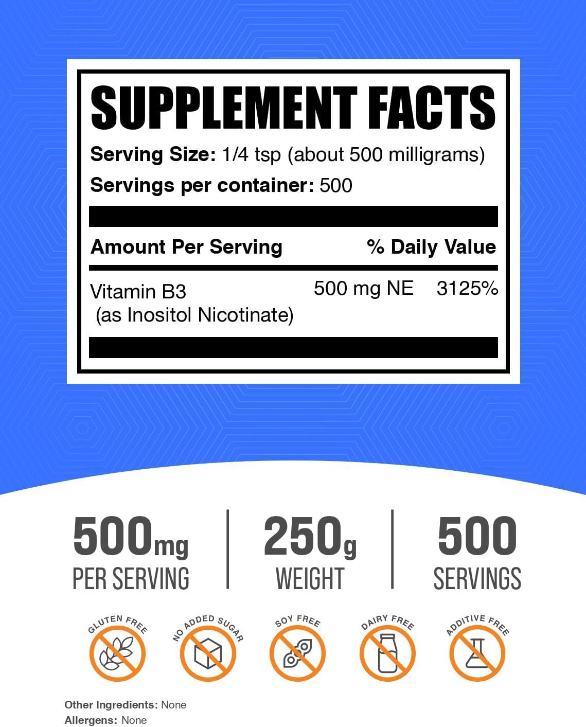 BulkSupplements Niacina Sin Enrojecimiento – Hexanicotinato de inositol 500 mg, 250 g