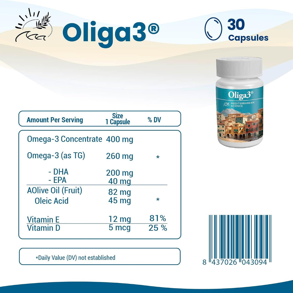 Oliga3 Omega-3 EPA DHA con Aceite de Oliva, Vitamina D y E – 30 Cápsulas Blandas