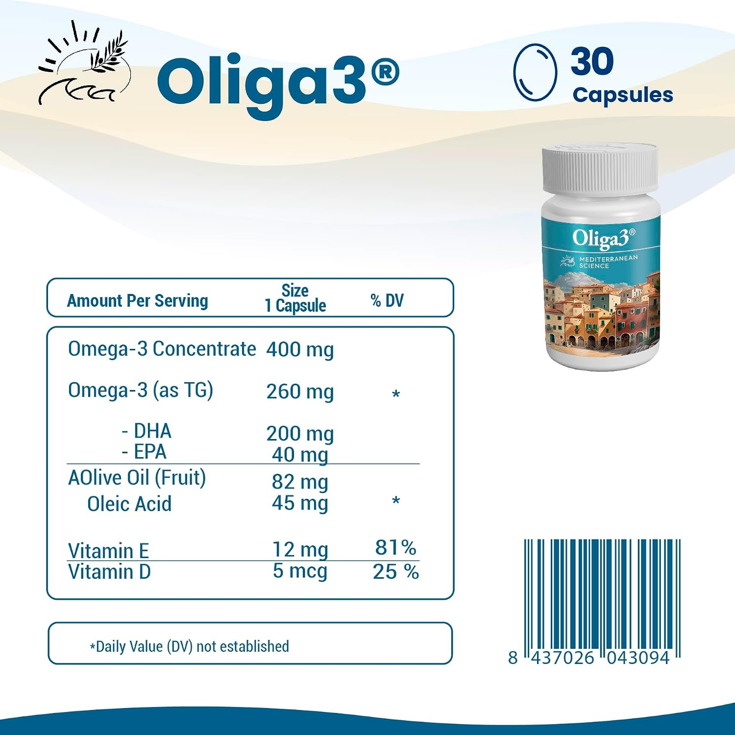 Oliga3 Omega-3 EPA DHA con Aceite de Oliva, Vitamina D y E – 30 Cápsulas Blandas