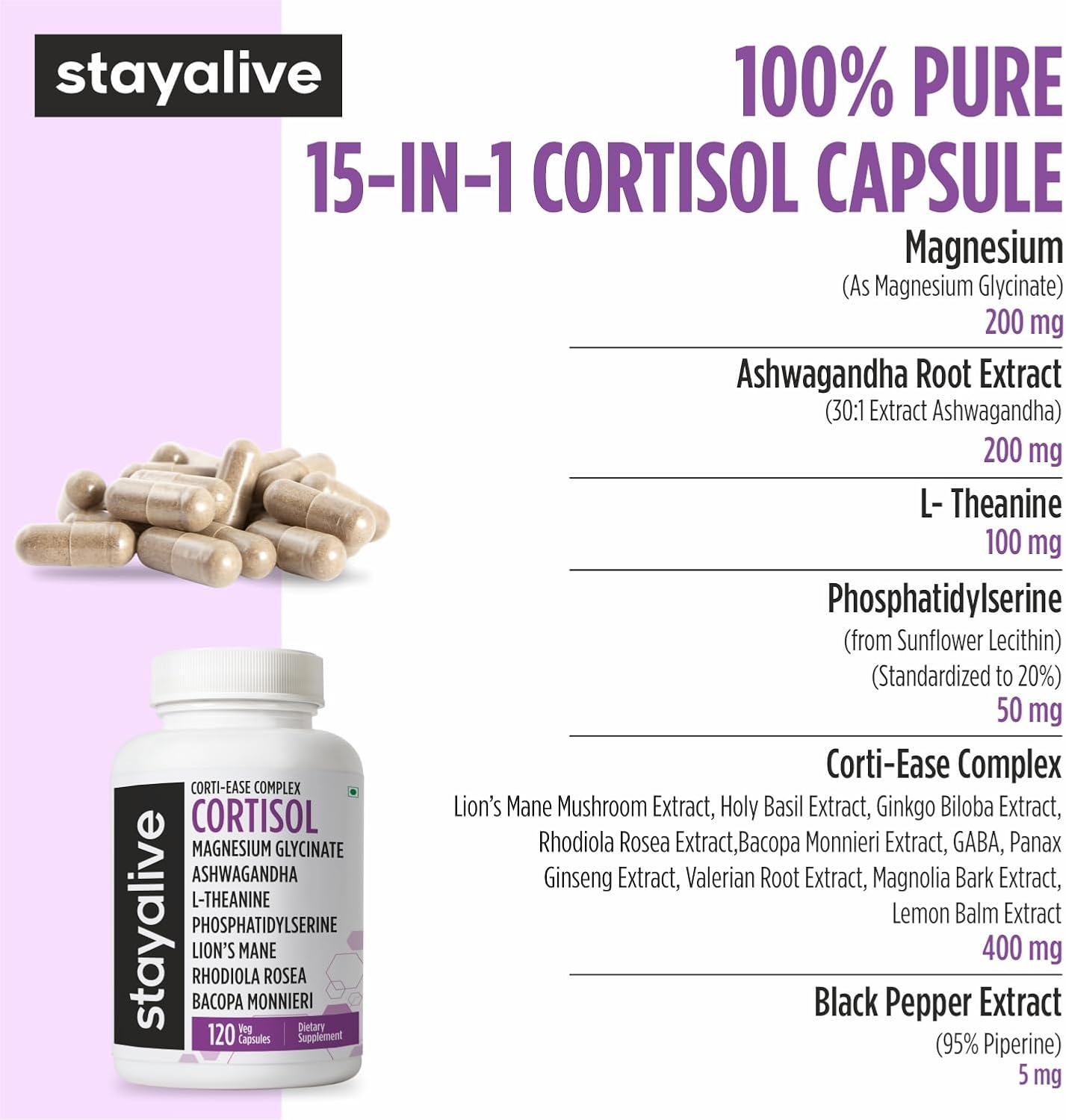 STAY ALIVE Suplemento Gestor de Cortisol 15-en-1, 120 Cápsulas Veganas