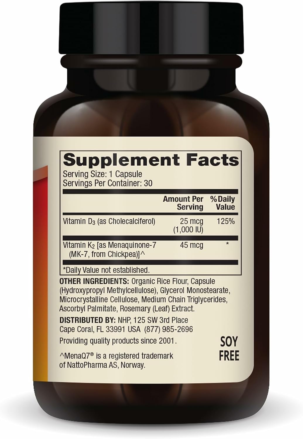 Dr. Mercola Vitamina D3 y K2 Dosis Baja - 1000 IU D3 + 45 mcg K2 MenaQ7 - 30 Cápsulas