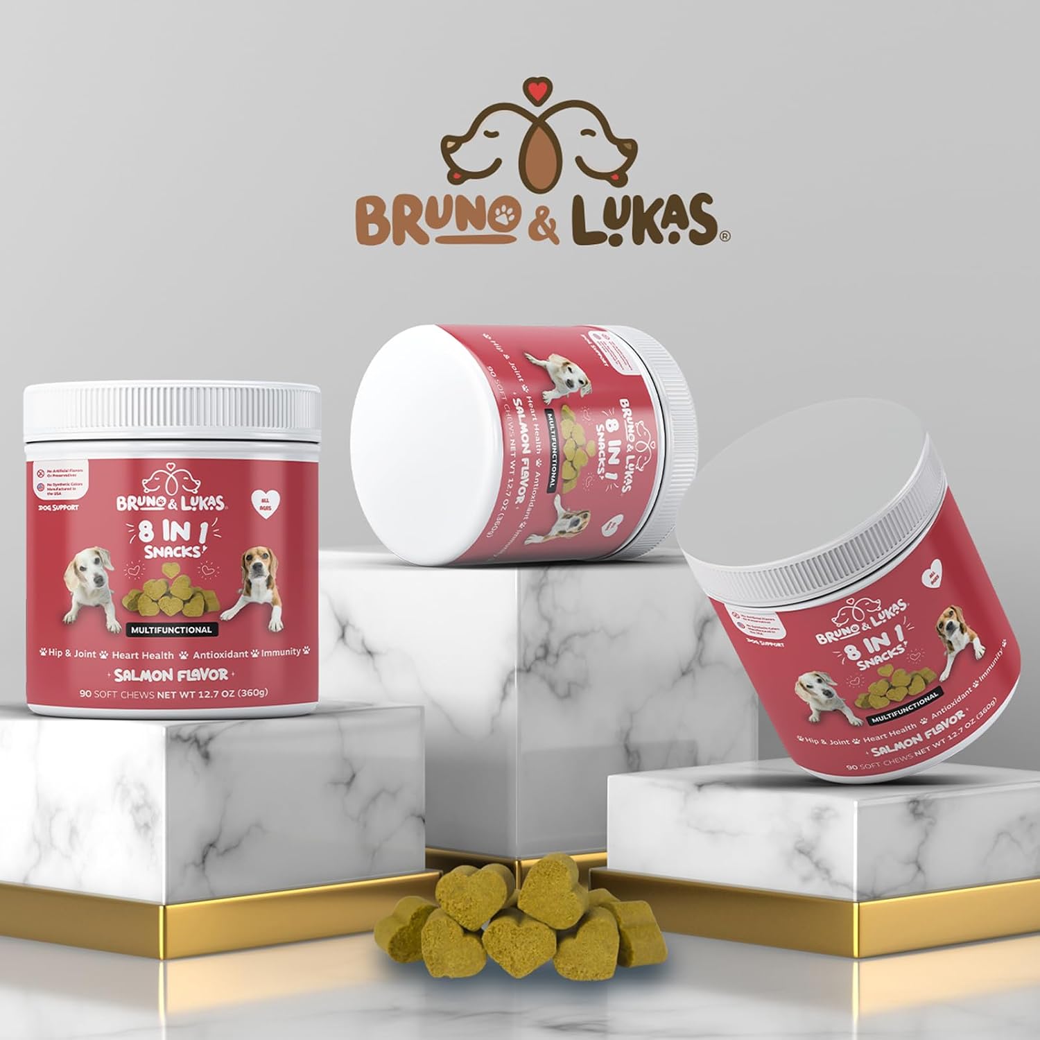 Multivitamínico para Perros 8 en 1 con Glucosamina y Aceite de Pescado – 90 Comprimidos Masticables Sabor Salmón