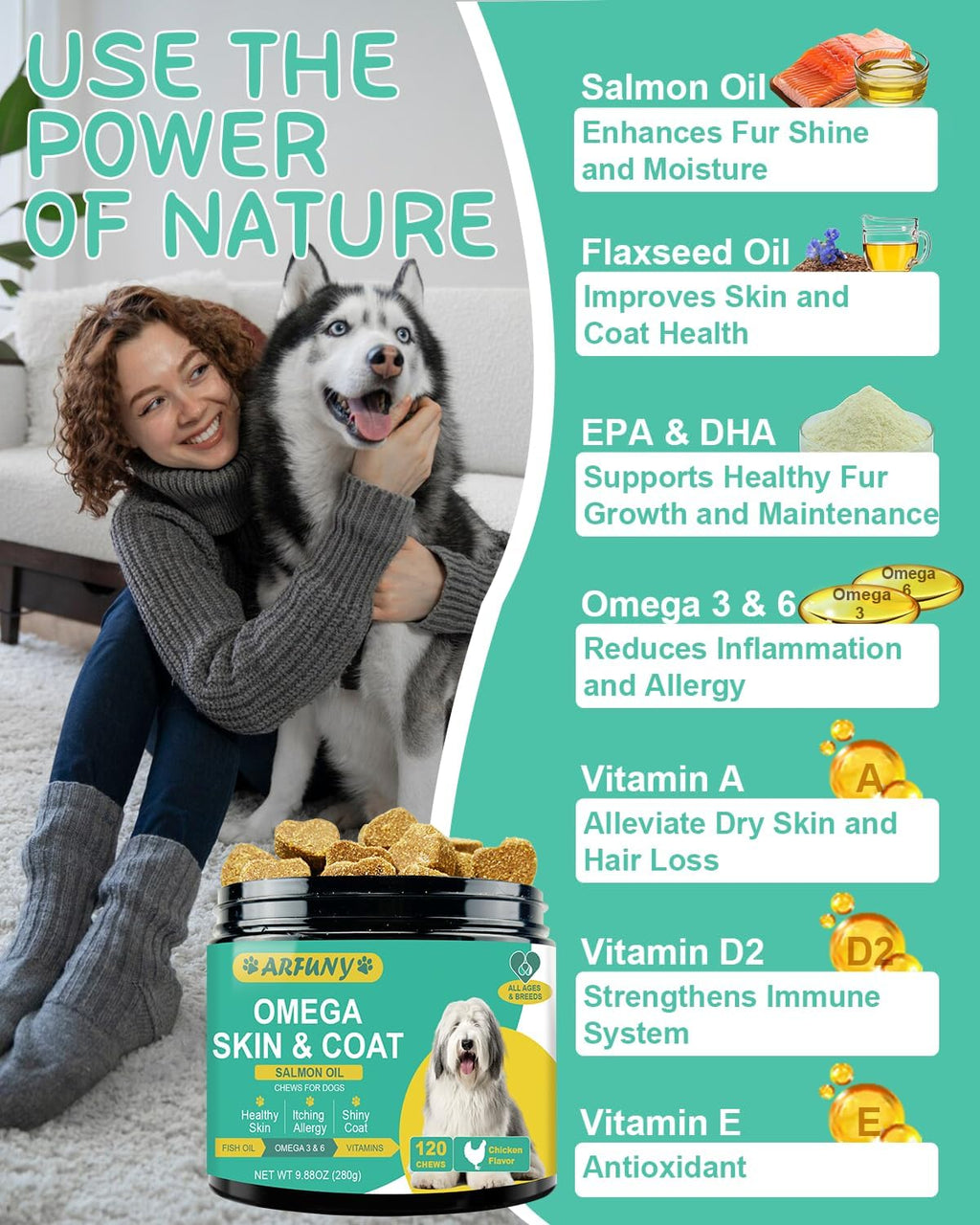 Omega 3 para Perros - 120 Chews de Aceite de Salmón con Vitaminas