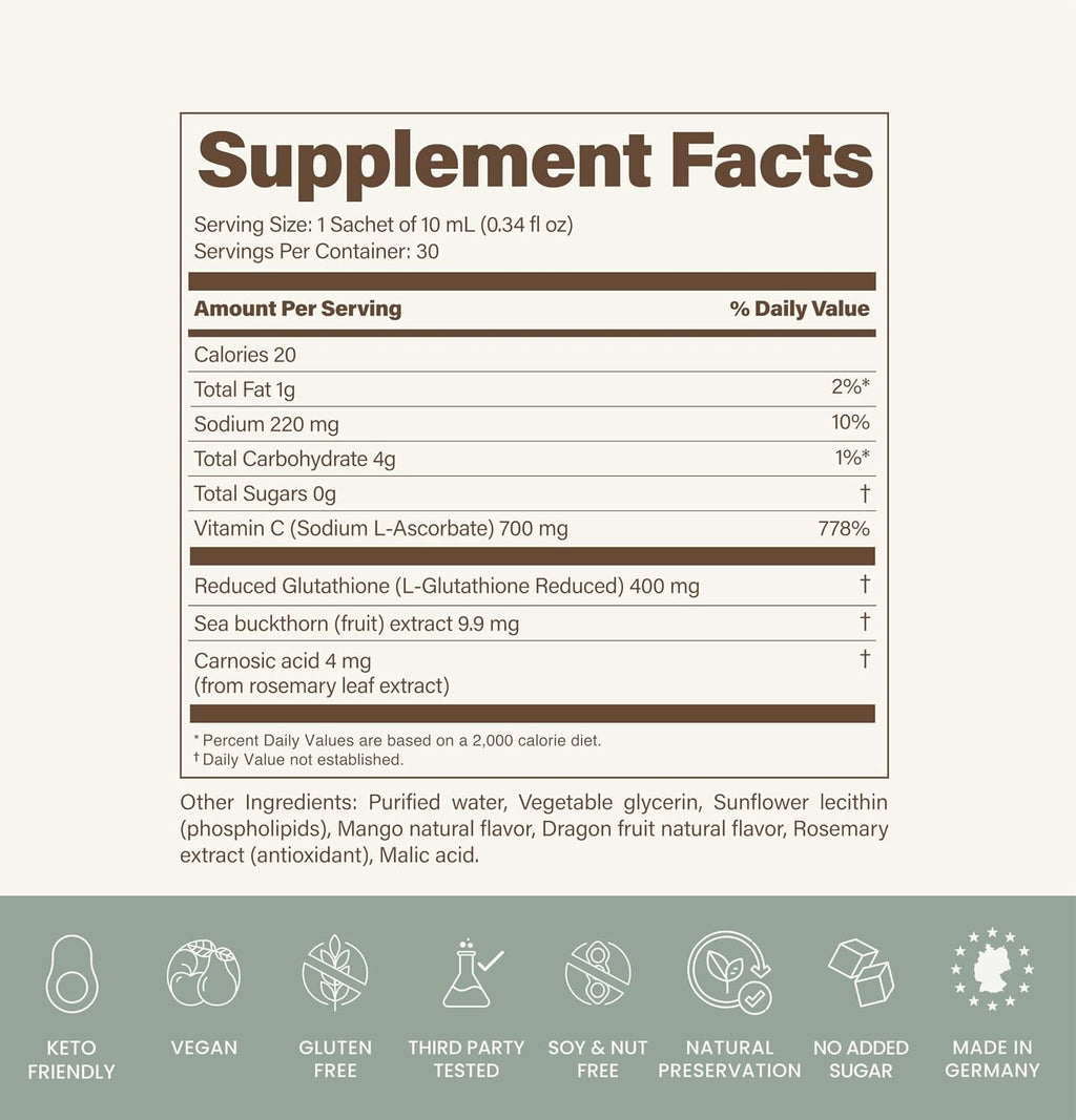 Orlique Liposomal Glutathione Supplement with Vitamin C | High-Potency Antioxidant for Immune Support, Cellular Protection, Detox & Energy | Vegan, Sugar-Free | Mango Dragon Fruit | 30 Sachets, 400mg
