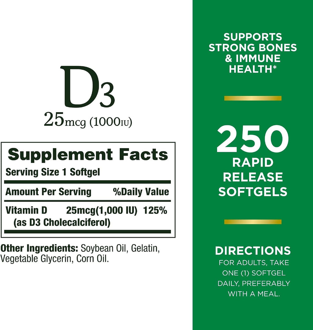 Nature's Bounty Vitamina D3 1000 UI, 250 Cápsulas Blandas de Liberación Rápida