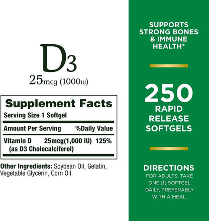 Nature's Bounty Vitamina D3 1000 UI, 250 – Contribuye al mantenimiento de los niveles normales de calcio en sangre. – Image 2