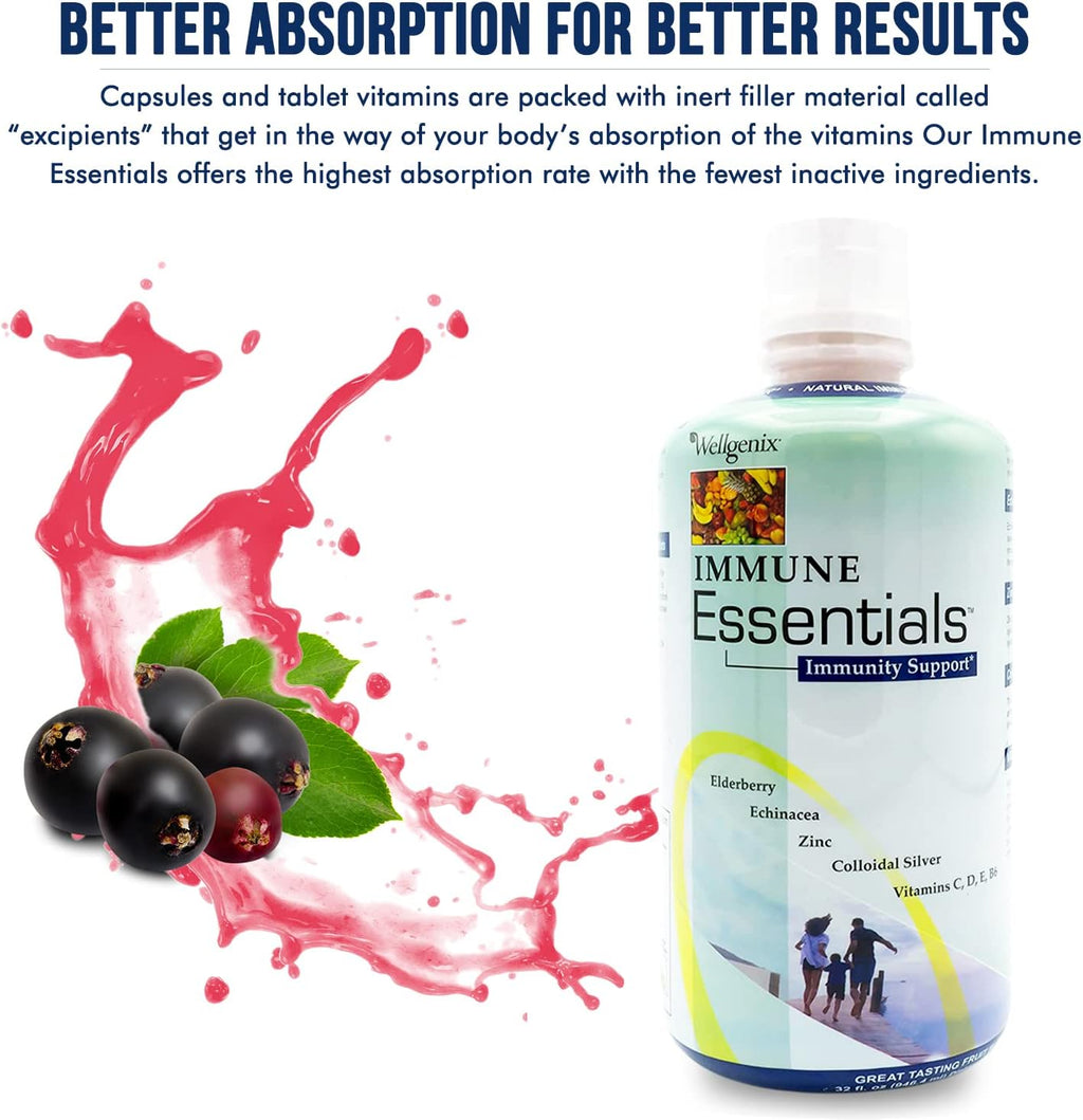 Wellgenix Immune Essentials – Complejo Multivitamínico Líquido con 12 Nutrientes para el Sistema Inmunológico, Sabor Fruit Punch, 946 ml
