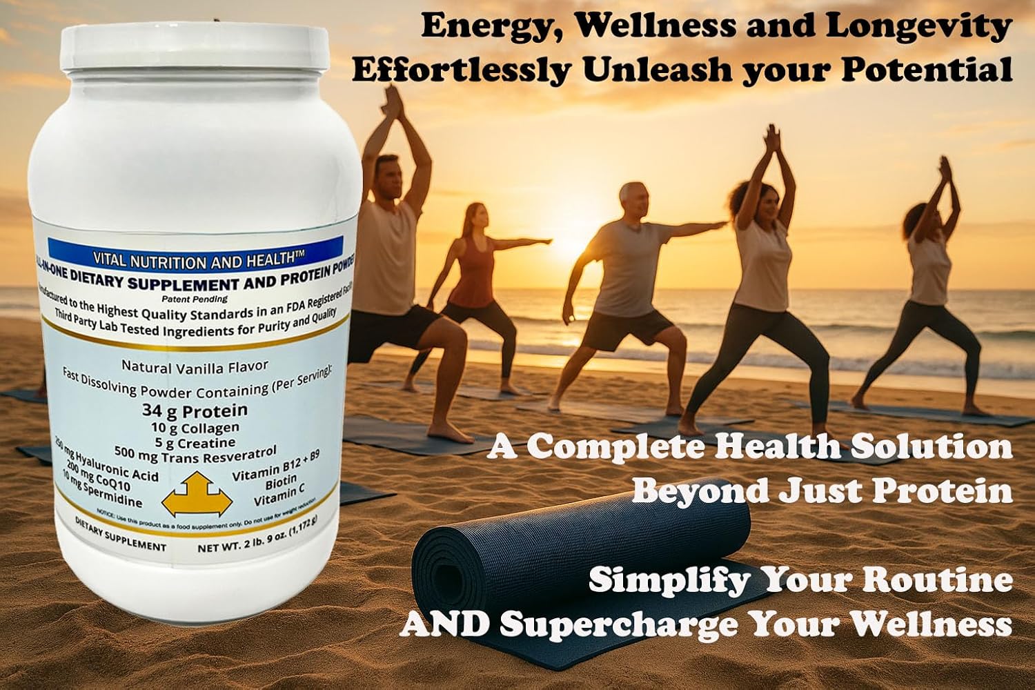 Vital Nutrition and Health Polvo All-in-One: Proteína, Colágeno, Creatina, Resveratrol, Espermidina, Ácido Hialurónico, CoQ10 + Vitaminas Clave