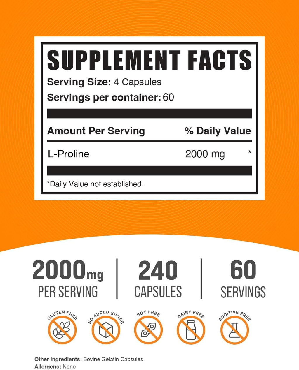 Cápsulas de L-Prolina 2000mg - 240 Cápsulas - BulkSupplements