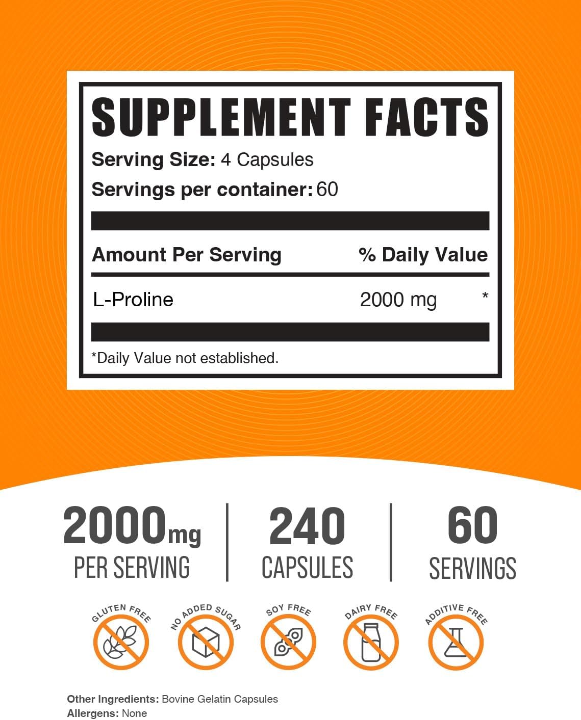 Cápsulas de L-Prolina 2000mg - 240 Cápsulas - BulkSupplements