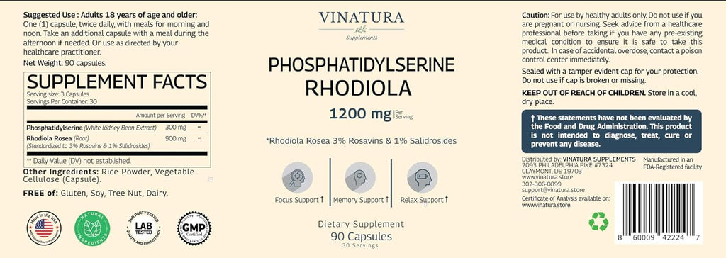 VINATURA Fosfatidilserina 1200 mg con Rhodiola Rosea - 90 Cápsulas (30 dosis)