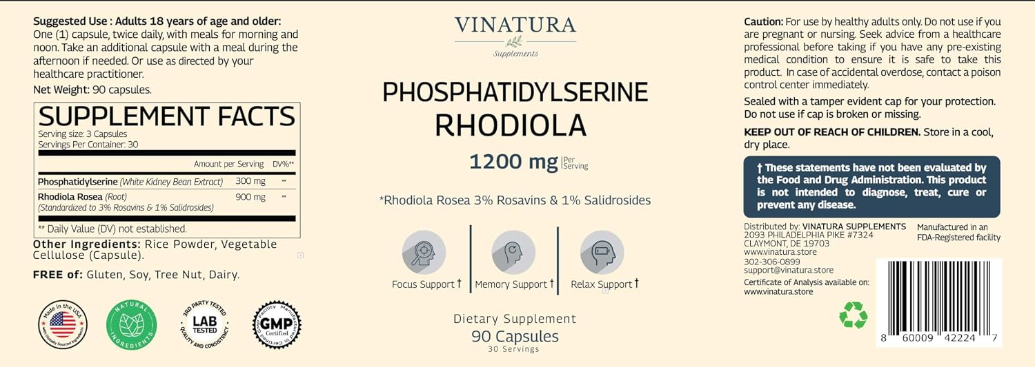 VINATURA Fosfatidilserina 1200 mg con Rhodiola Rosea - 90 Cápsulas (30 dosis)
