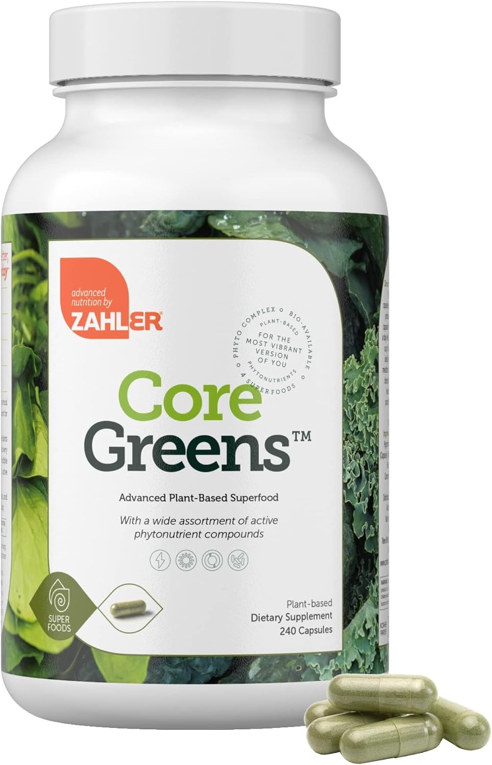 Zahler Core Greens, Cápsulas de Superalimentos Verdes, con Espirulina, Chlorella y Spectra Blend, 240 Cápsulas
