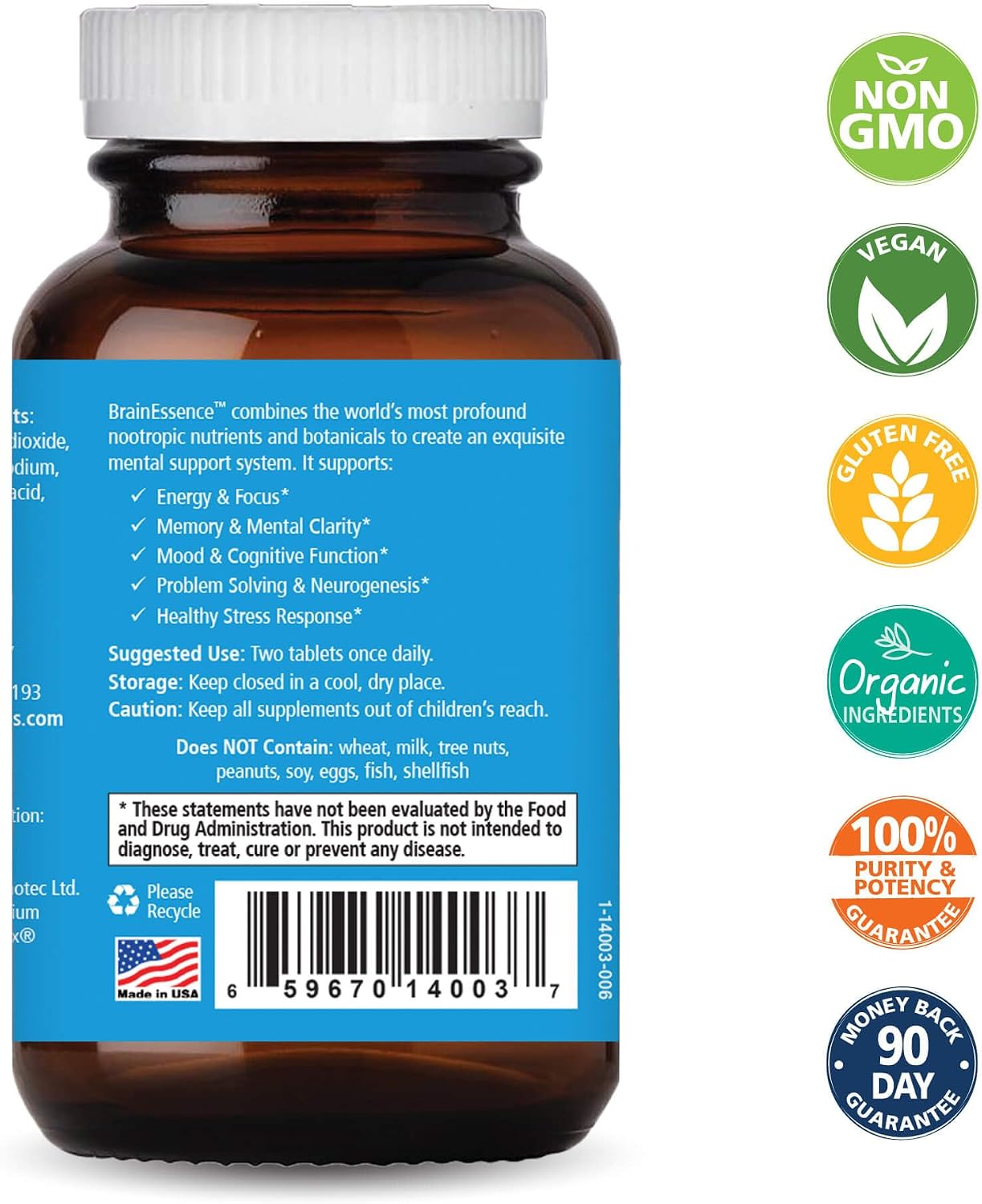 PURE ESSENCE LABS Brain Essence - Suplemento para la Memoria, Enfoque y Claridad Mental