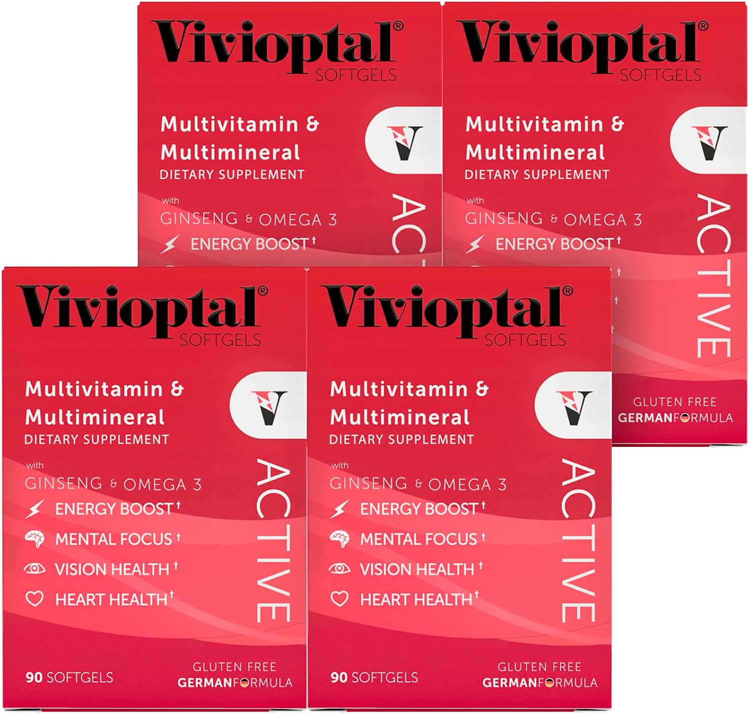 Vivioptal Active, 90 Softgels, Multivitamin with Ginseng and Omega-3, German Formula, Gluten-Free