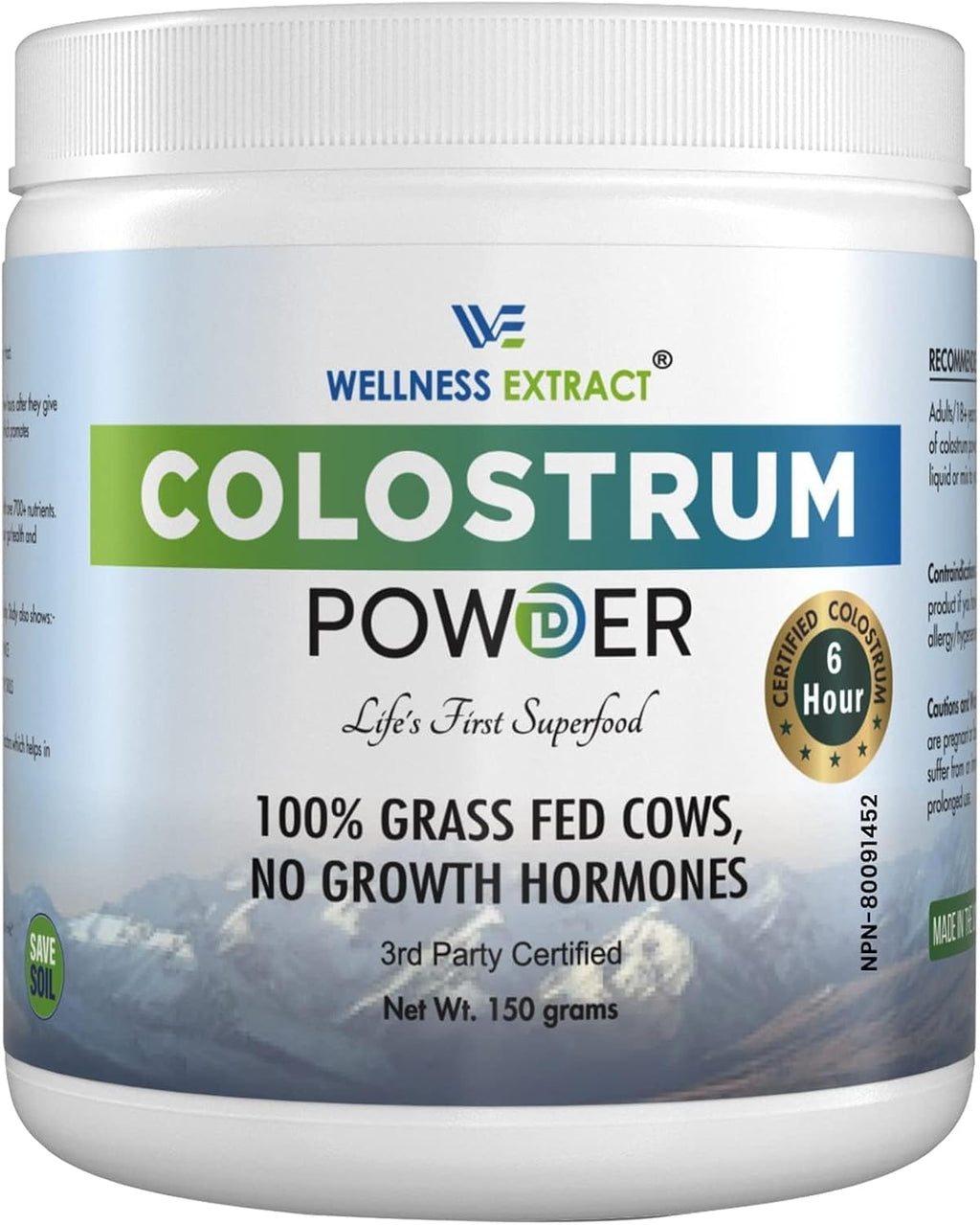 WELLNESS EXTRACT Calostro Bovino en Polvo - Orgánico, Alimentado con Pasto, con Lactoferrina, Rico en IgG, Sin Sabor, 150g