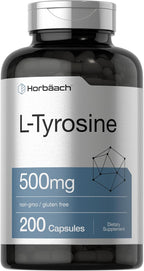 Horbaach L-Tirosina 500 mg | 200 Cápsulas | Suplemento de Aminoácido No OGM y Sin Gluten