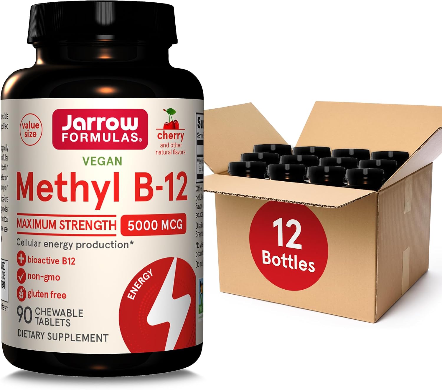 Jarrow Formulas Maximum Strength Methyl B-12 5000 mcg - 90 Comprimidos Masticables Sabor Cereza