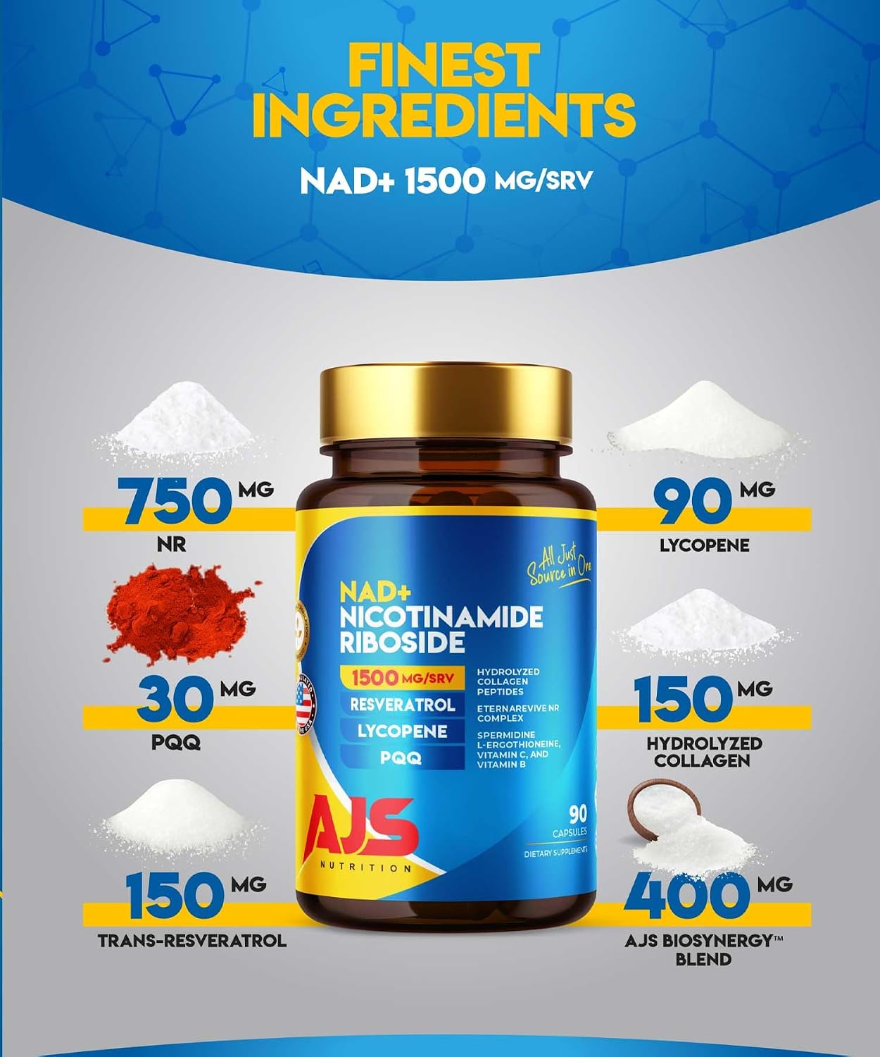 AJS NAD+ Cellular Energy – Suplemento NR con PQQ, Resveratrol, Licopeno y Colágeno – 90 Cápsulas