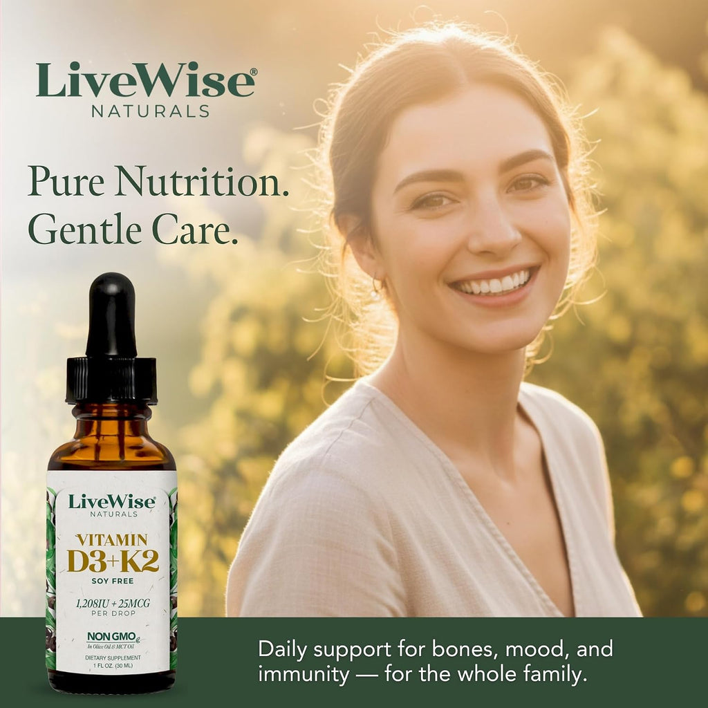Live Wise Naturals Vitamina D3 K2 Gotas para Adultos, Ultra Concentradas | 930 Gotas, 1208 UI Vitamina D3, 25 mcg (MK-7)