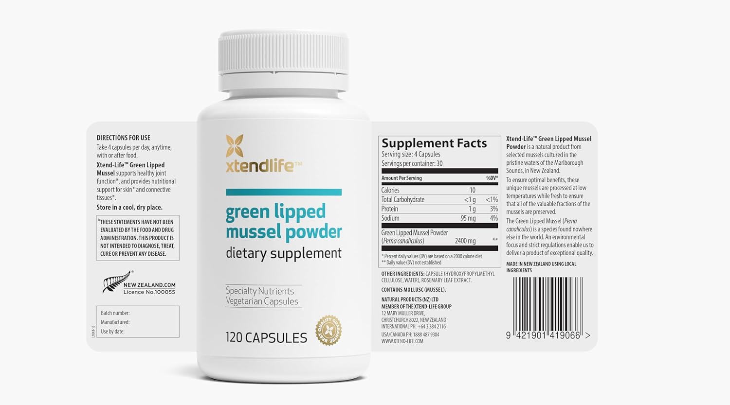 Xtend-Life Mejillón de Labio Verde 2400 mg por ración | 120 Cápsulas | Para la salud articular